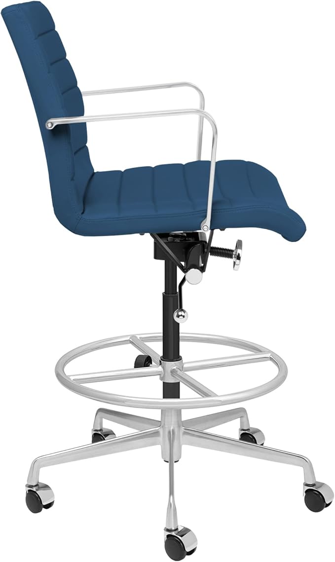 Laura Davidson Furniture SOHO II Ribbed Drafting Chair for Standing Desks, Standing Desk Chair - Ergonomically Designed, Commercial Grade Draft Height, Arm Rest & Cushion, Made of Faux Leather, Blue