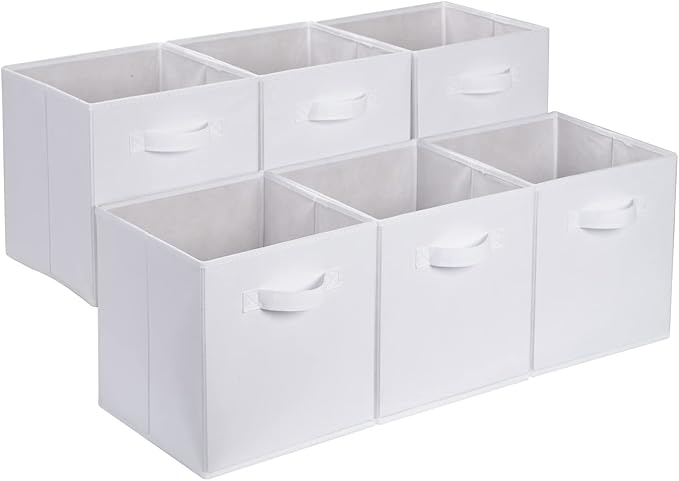 Amazon Basics Collapsible Fabric Storage Cubes Organizer with Handles, Sturdy, White, 10.5-x-10.5-x-11-inch, Pack of 6
