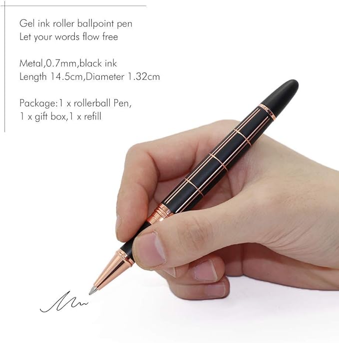 Rose Gold Gel Ink Rollerball Pen-Geometric Stripe Style Copper Grip Metal Pens in Gift Box with 1 Extra Refill,Christmas gift for Women &Men (Black Ink, 0.7mm Fine Point)