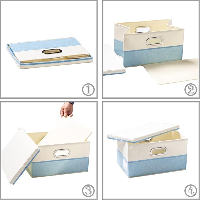 PRANDOM Large Foldable Storage Boxes with Lids [3-Pack] Fabric Collapsible Storage Bins Organizer Containers Baskets Cube with Cover for Home Bedroom Closet Office Nursery Blue&Cream(17.7x11.8x11.8)