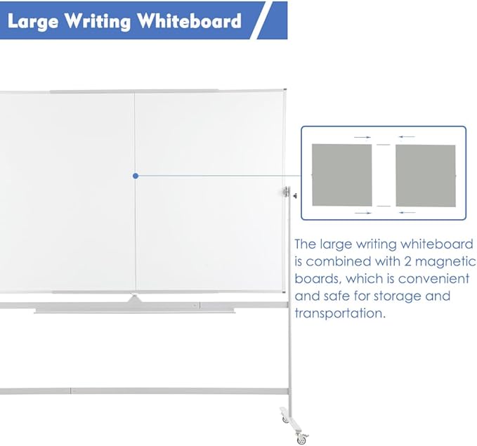 FORTUNO Large Magnetic Mobile Whiteboard 60"x48", Rolling Double Sided Stand Whiteboard on Wheels, Reversible Adjustable Height/Angle Dry Erase Board 5' x 4' Easel White Board for Office Classroom