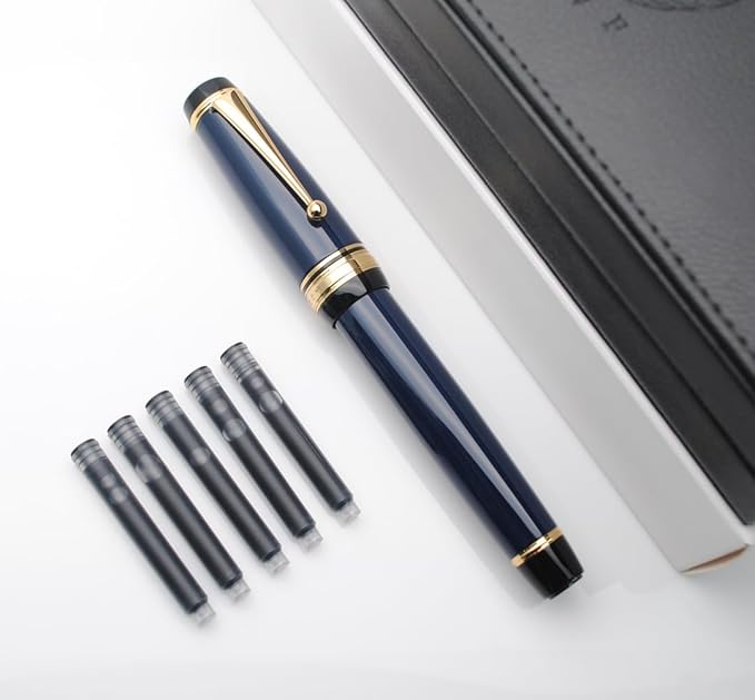 Metal Big Fountain Pen Set Medium Nib 0.7mm, Includes Ink Refill Converter, 5 Ink Cartridges & Gift Box (Medium Nib 0.7mm, Dark Blue)