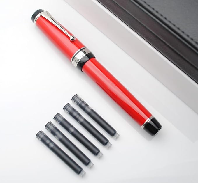 Metal Big Fountain Pen Set Medium Nib 0.7mm, Includes Ink Refill Converter, 5 Ink Cartridges & Gift Box (Medium Nib 0.7mm, Red with Silvery Clip)