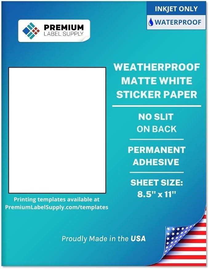Premium Label Supply Waterproof White Inkjet Sticker Paper – 8.5" x 11" Full Sheet Labels – Inkjet Printers only – Similar to Vinyl – 1000 Sheets
