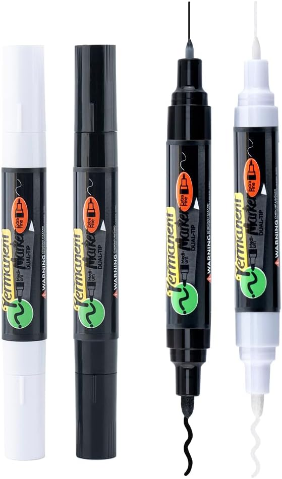 TRANSON Black and White Dual-tip Permanent Paint Markers Oil Based Waterproof