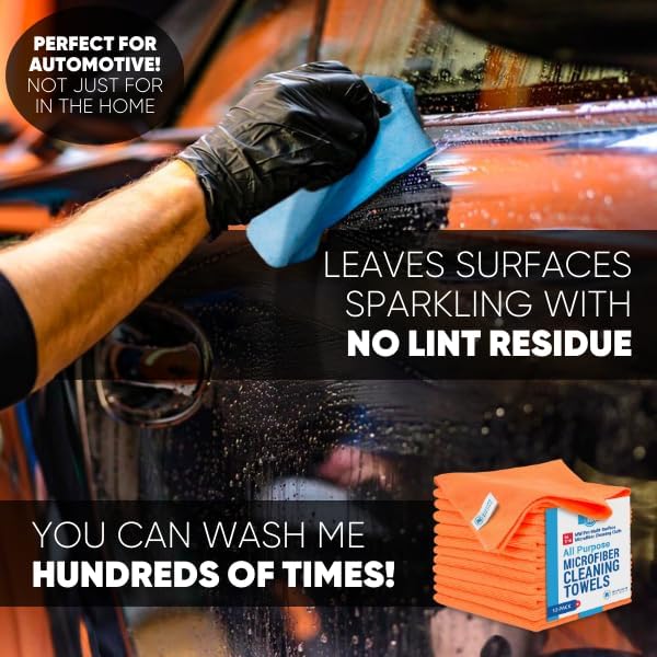 MW Pro Microfiber Cleaning Cloth | Orange | 12 Pack | 16” x 16” | All Purpose Microfiber Towels - Clean, Dust, Polish, Scrub, Absorbent