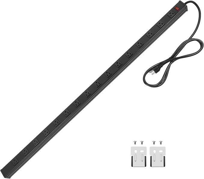 CCCEI Long Heavy Duty Power Strip, 16 Outlet Large Metal Power Strip, Garage Workshop Multi Wide Industrial Power Strip. 15 FT Cord 15A, 125V, 1875W, Black
