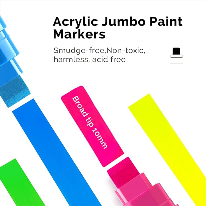 Arrtx Acrylic Jumbo Markers 10mm Broad Tips Acrylic Paint Pens for Stone, Glass, Easter Egg, Wood and Fabric Painting-No Toxic,No Odor