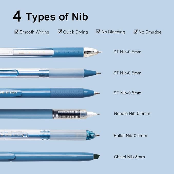 6 Count Pastel Gel Ink Pen Set,Cute Note Taking 0.5mm Fine Point Retractable 5 Count Black Ink Pens with 1 Count Highlighter for Writing, Journaling, School, Office (Blue)