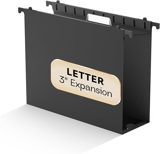 Plastic Hanging File Folder Letter Size,Heavy Duty 3“Expanding Reinforced Black Large Hanging Folders,Insert Gasket,Adjustable Tabs,Filing Cabinet Folder for Office/School/Home,12 Pack