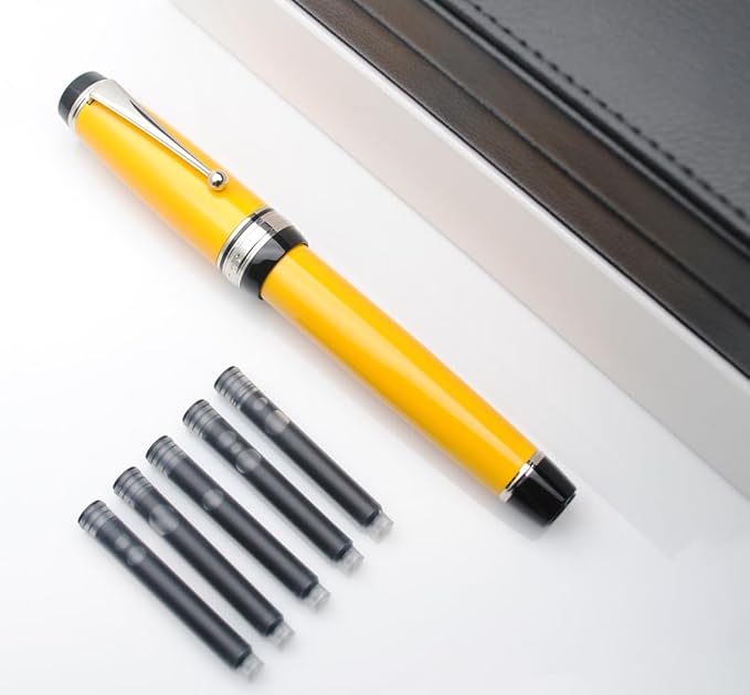 Metal Big Fountain Pen Set Medium Nib 0.7mm, Includes Ink Refill Converter, 5 Ink Cartridges & Gift Box (Medium Nib 0.7mm, Yellow with Silvery Clip)