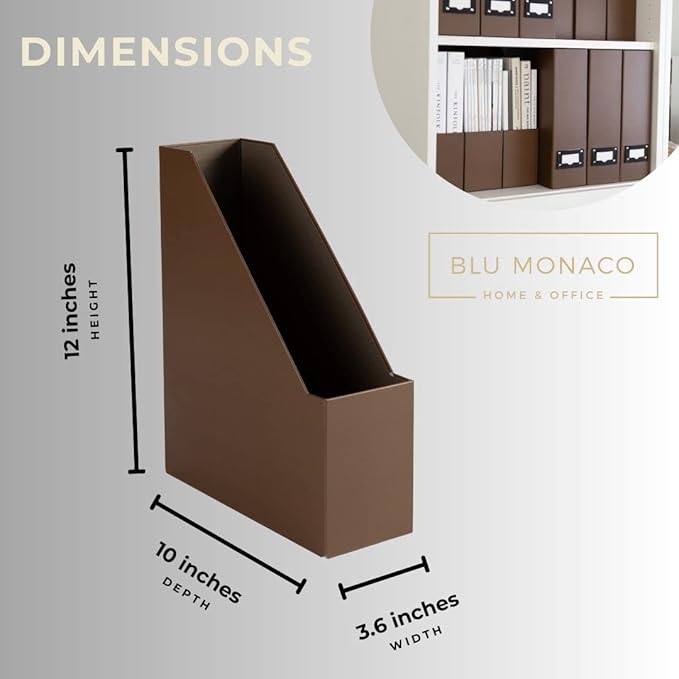 BLU MONACO Set of 6 Foldable Brown Magazine File Holders with Brown Leather Label Holders – Elegant Magazine Storage Containers & Desk Organizer for Office