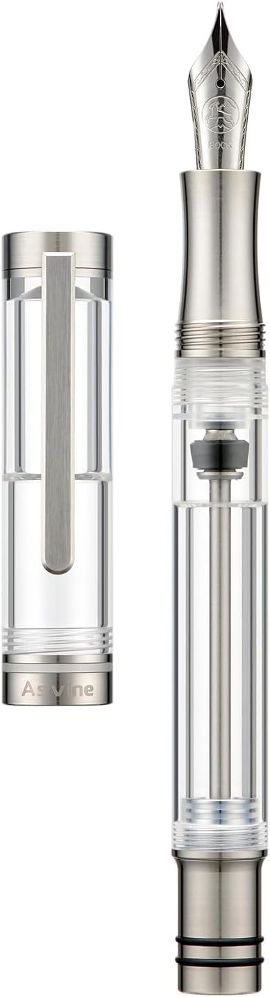 Asvine V200 Titanium Fountain Pen Vacuum Filling, Bock Broad Nib Clear Transparent Acrylic Smooth Writing Pen Case Set