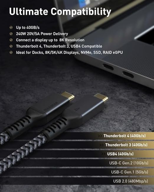 Maxonar [3.3Ft] Thunderbolt 4 Cable, 240W Thunderbolt Cable 40Gbps Sync 8K/5K@60Hz Display and for Thunderbolt 4, Thunderbolt 3, USB4, and USB-C Devices