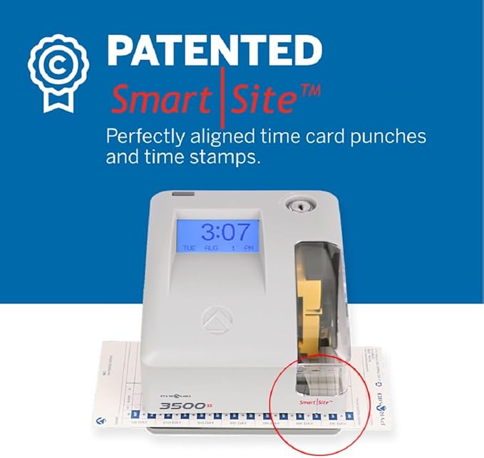 Pyramid Time Systems - Employment Time Clock & Document Stamp [3500ss] with Smart site Alignment, Kit Includes: Punch Time Clock, 25 Time Cards, 1 Ribbon & 2 Security Keys, 3500 Replacement