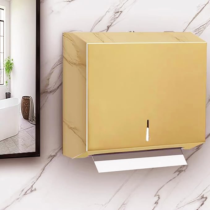 Comercial Paper Towel Dispenser Wall Mount, Brushed Gold Stainless Steel Hand Towel Dispenser with Lock, Large Capacity Trifold/C Fold Paper Towel Holder for Bathroom Kitchen Office Public Places