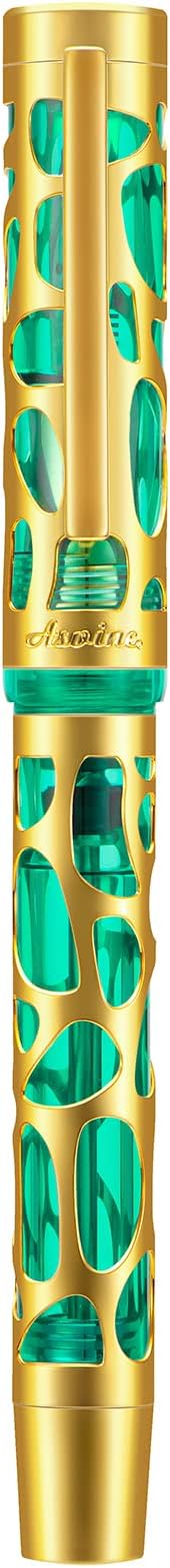 Asvine V169 Vacuum Filling Fountain Pen Iridium Extra Fine Nib, Water Drop Skeleton Gold Trim Transparent Green Acrylic Pen Case Set