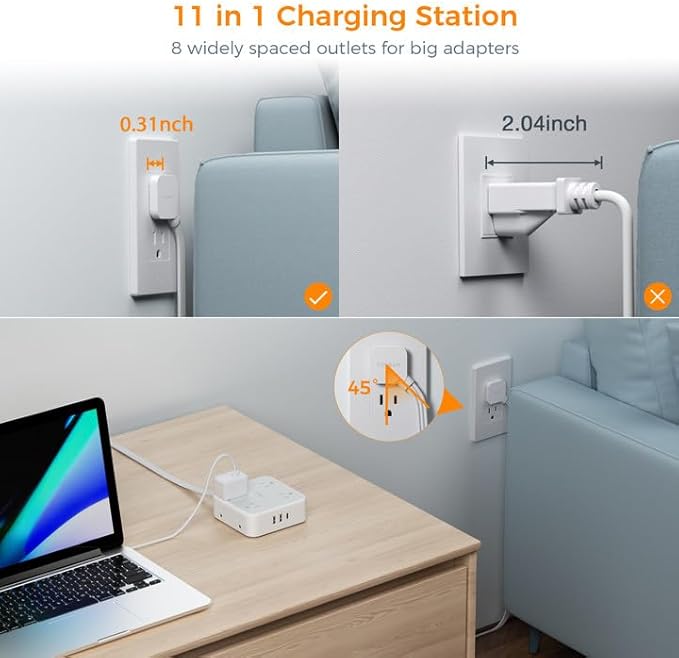 Flat Plug Long Extension Cord 25 Ft, TESSAN Power Strip Surge Protector with 8 Outlets 3 USB Ports (1 USB C), 900J Protection Desktop Charging Station for Home, Office, Dorm Room Essentials