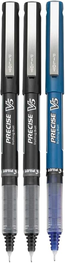 Precise V5 Stick Rolling Ball Pens, Extra Fine Point (.5mm), Assorted Colors Black/Blue Ink, 3-pk; Bundle with Plastic Reusable Pouch