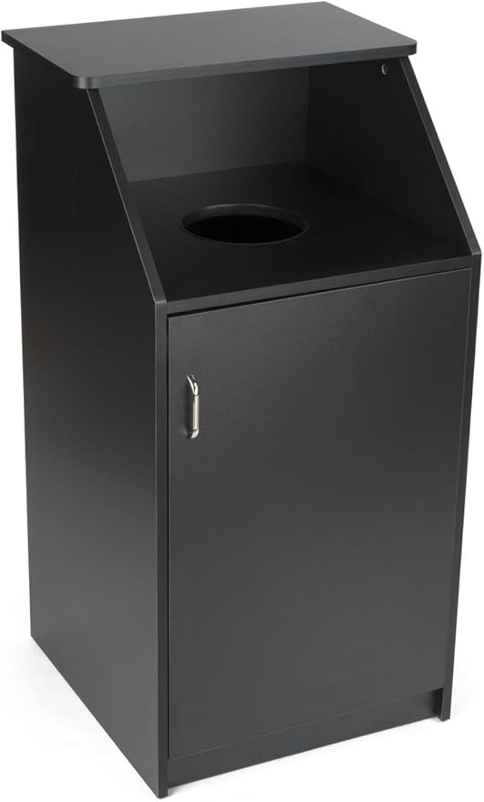 Displays2go Commercial Trash Bin with Black Finish, MDF Construction, Melamine Finish, Circular Cutout - Hinged Door (LCKDTLCSBK)