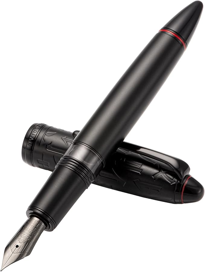 Hongdian N6 Black Metal Resin Piston Fountain Pen, Black Iridium Fine Nib Classic Pen, Includes Metal Box Writing Pen