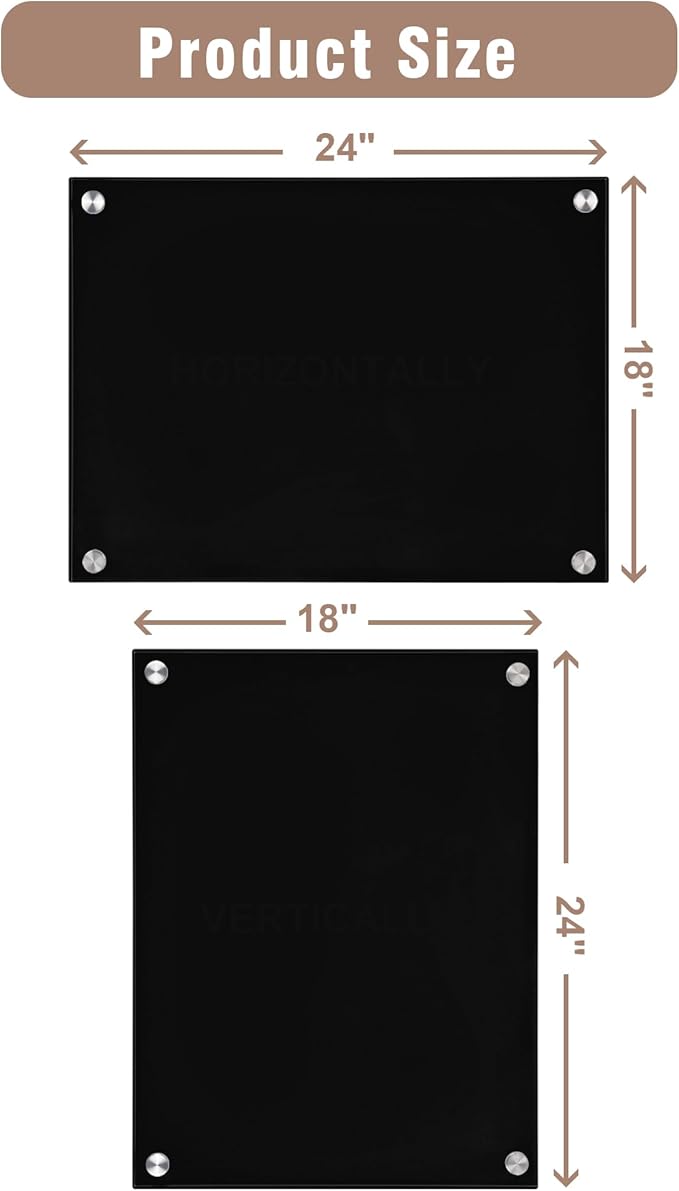 Magnetic Glass Whiteboard，24"x18" Wall Mounted Frameless Dry Erase Board for Office, Home & School Black