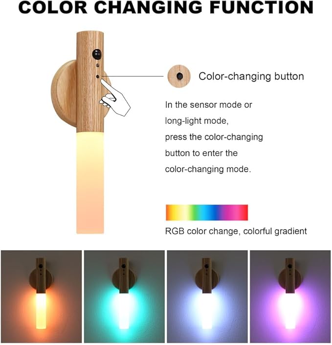 LANDGOO Motion Sensor Night Light RGB & Touch Control | USB-C Rechargeable Ash Wood Wall Sconce | Bathroom/Bedroom Light for Hallway, Stairs, Nursery, Closet, Vanity, Party