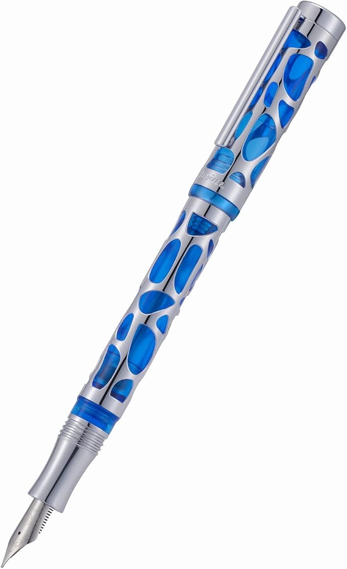 Asvine V169 Vacuum Filling Fountain Pen Fine Nib, Water Drop Skeleton Transparent Blue Acrylic Pen Case Set