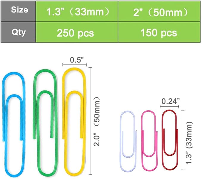 Vinaco Paper Clips Colorful, 400PCS Medium and Jumbo（1.3 inch & 2 inch） Paper Clips, Durable and Rustproof, Coated Large Paperclips Great for Office School Document Organizing (Multicolored)
