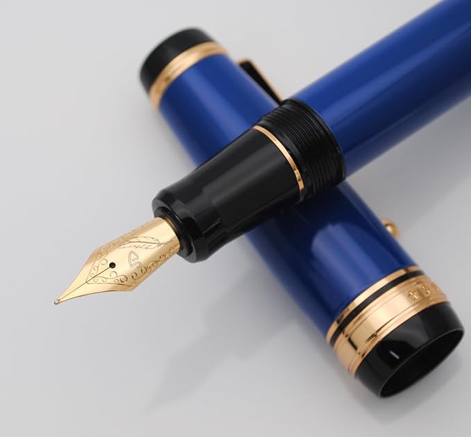 Metal Big Fountain Pen Set Medium Nib 0.7mm, Includes Ink Refill Converter, 5 Ink Cartridges & Gift Box (Medium Nib 0.7mm, Blue)