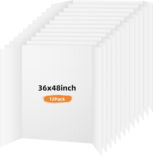 12 Pack Trifold Poster Board, 36x48 Inches White Presentation Board, Portable Display Board for Science Fair, School DIY Project and Business Exhibitions