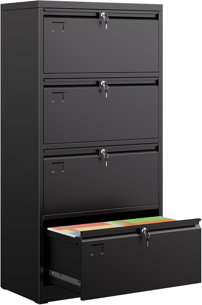 4 Drawer Lateral File Cabinet, Metal Wide Filing Cabinet with Independent Locks, Home Office Furniture for Hanging Files Letter/Legal/F4/A4 Size, Assembly Required, Black