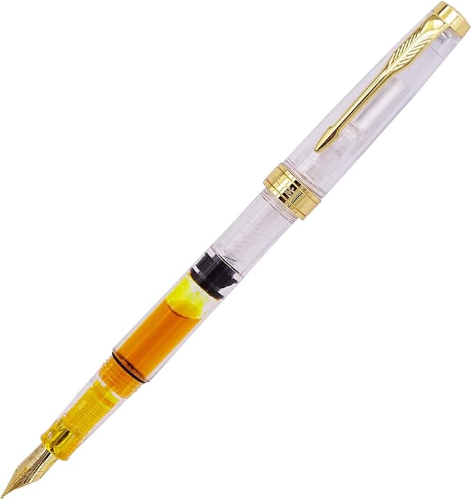 Lanxivi Yongsheng 3011 Demonstrator Clear Classical Fountain Pen Fine Nib Arrow Clip, Piston Filling System, Gold Trim, Set of 4 Pieces in transparent Color
