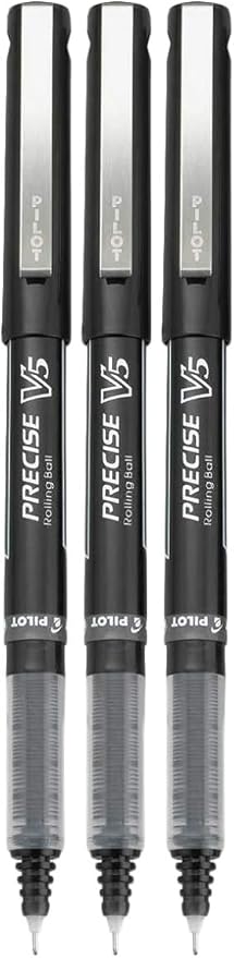 Precise V5 Stick Rolling Ball Pens, Extra Fine Point (.5mm), Black Ink, 3-pk; Bundle with Plastic Reusable Pouch