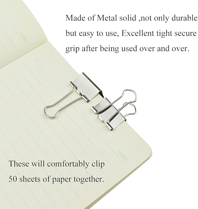 HAHIYO Binder Clips Paper Clamps Spring Steel Sturdy 0.98 inches Width 0.31 Inch Capacity No Sharp Edges Heavy Duty Tight Grip Reusable Silver Metal Bright Finish for Home Office School 25 Pack