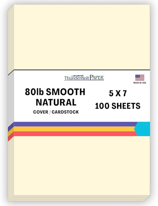 100 Natural Smooth Card Stock Sheets Paper - 5 X 7 Inches Photo Card Frame Size - 80# (80 lb/Pound) Cover Weight - Quality Paper - Smooth Finish