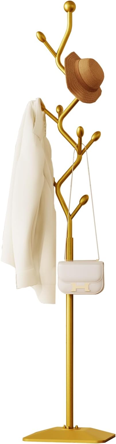 Tree-shaped coat rack stand,Metal coat tree with 8 Hooks and sturdy cast iron base,Heavy Duty coat rack freestanding coat hanger stand for Clothes Hats Scarfs Purses (gold)