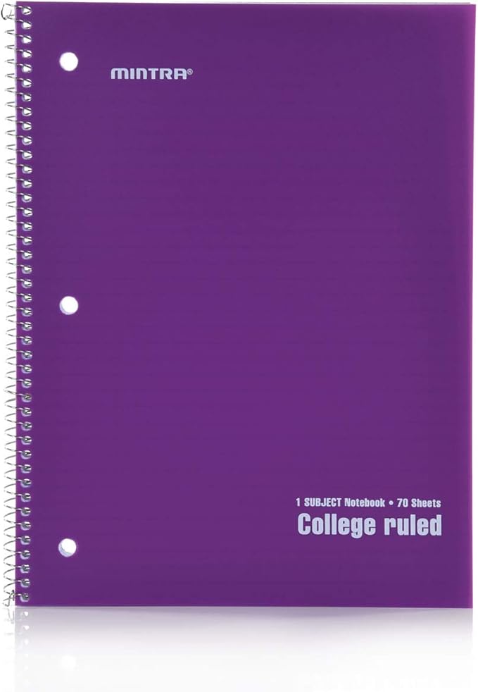 Mintra Office Spiral Notebooks - 1 Subject, Poly Cover, 70 Sheets, College Ruled, 8in x 10in, Bulk Pack, Primary Color Waterproof Covers, Set of 6 - for School, Office, Business, Professional (04659)