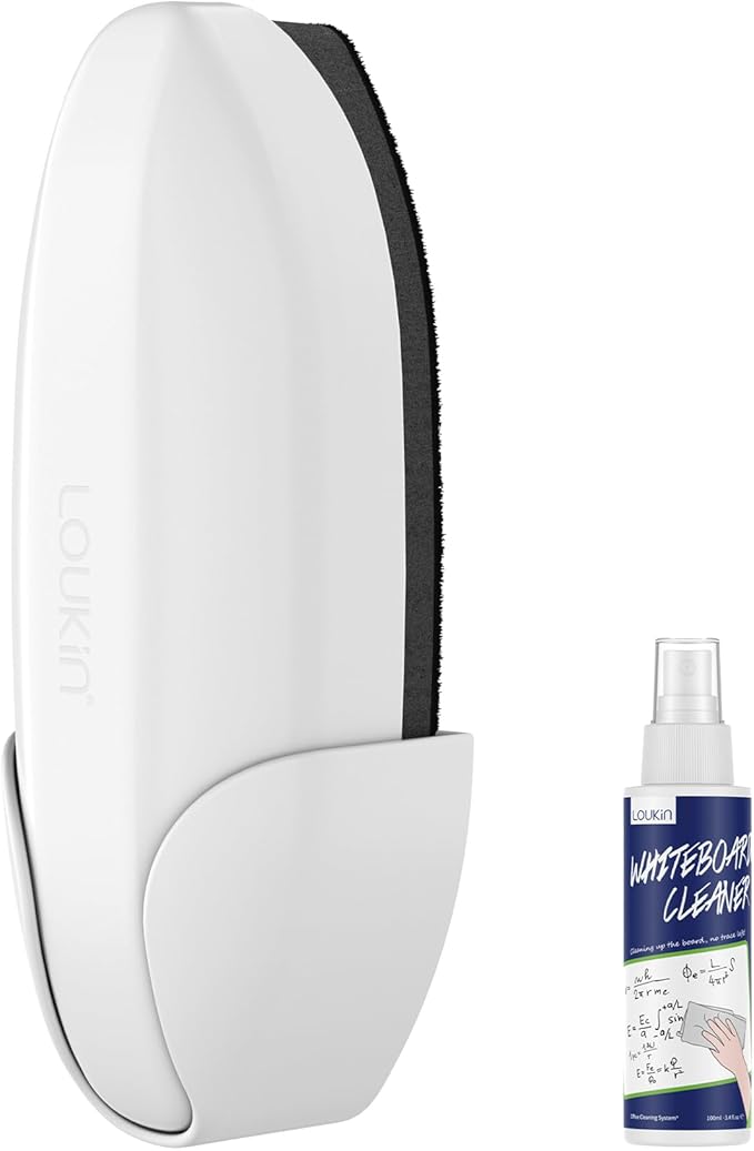 loukin Replaceable Dry Erase Eraser, Double-Sided Whiteboard Eraser with Magnetic Holder, Precision-Point Glass Board Wiper for Classroom, Home and Office (Whiteboard Cleaner Included), White