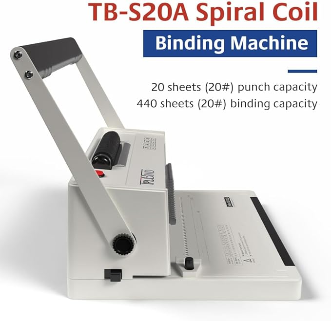 TruBind Coil Binding Machine with Electric Coil Inserter and Adjustable Side Margin | 20 Sheet Punch Capacity | Bind up to 440 Sheets | 46 Fully Disengageable Dies | 4:1 Pitch | 2-Year Warranty