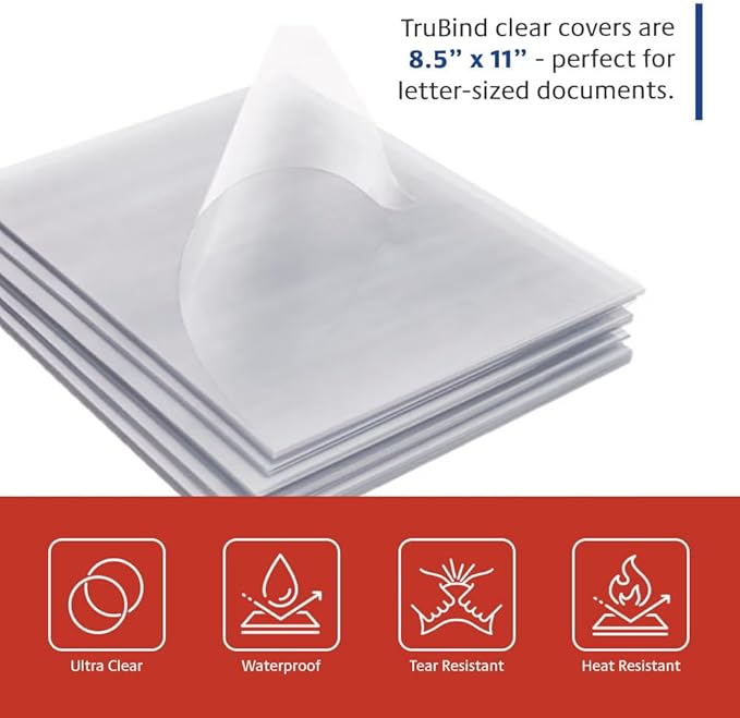 TruBind Binding Covers for Reports and Presentations - Crystal Clear PVC - 10 Mil Thick - Letter Size - 8 1/2 inch x 11 inch - Square Corners - No Tissue Interleaving - 100/Bx (CVR-10ASN)