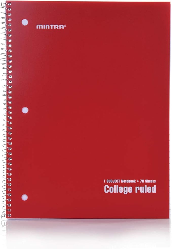 Mintra Office Spiral Notebooks - 1 Subject, Poly Cover, 70 Sheets, College Ruled, 8in x 10in, Bulk Pack, Primary Color Waterproof Covers, Set of 6 - for School, Office, Business, Professional (04659)