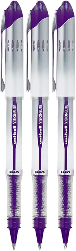Vision Elite Rollerball Pens, Bold Point (0.8mm), Purple Ink, 3 count, Bundle with Plastic Reusable Pouch