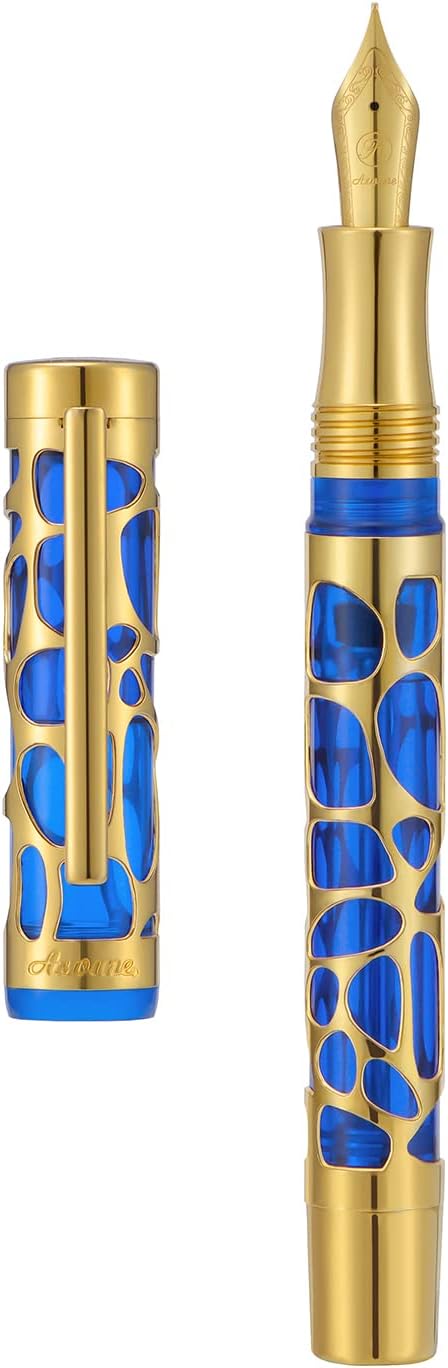 Asvine V169 Vacuum Filling Fountain Pen Fine Nib, Water Drop Skeleton Gold Trim Transparent Blue Acrylic Pen Case Set
