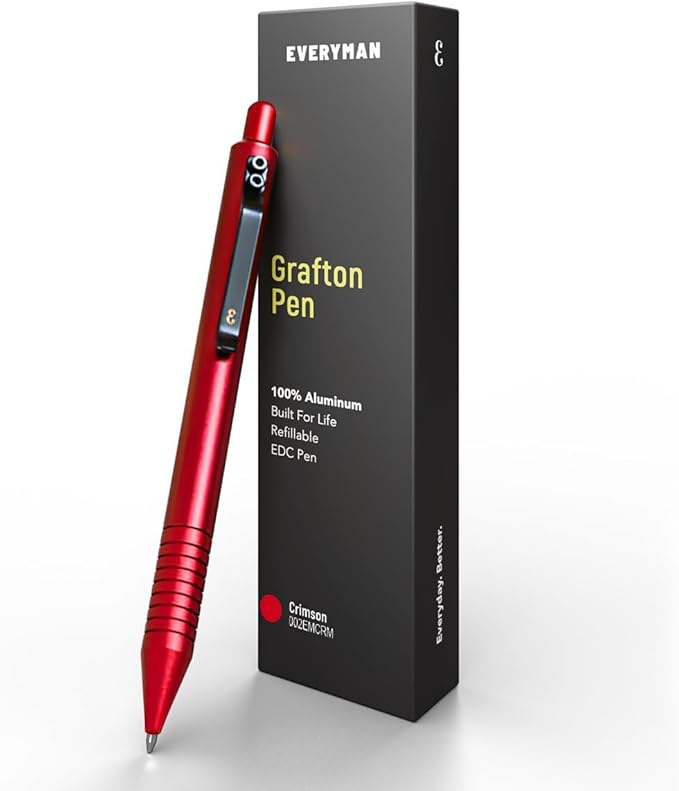 Everyman Grafton Gel Ink Pen Bundle, Crimson | Premium 0.7mm Refillable Metal Pen with Comfortable Grip + 3 Black Refills | Smooth Writing EDC Pen Set for Office, Travel, Gifts & Daily Use