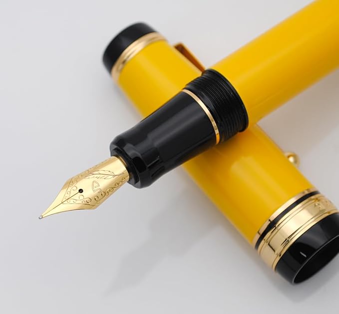 Metal Big Fountain Pen Set Medium Nib 0.7mm, Includes Ink Refill Converter, 5 Ink Cartridges & Gift Box (Medium Nib 0.7mm, Yellow)