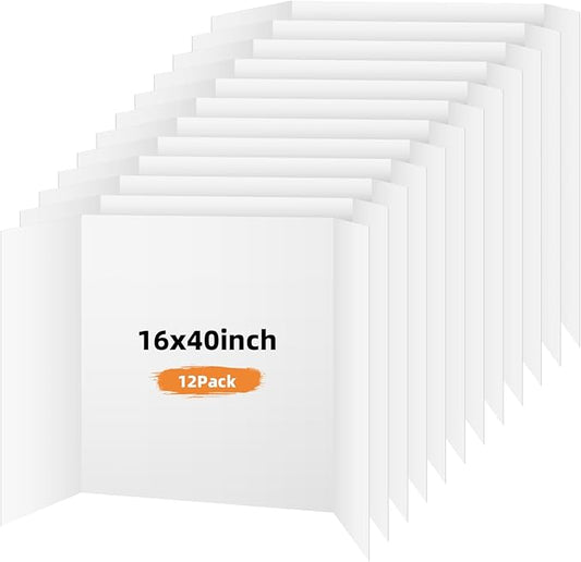 12 Pack Trifold Poster Board, 16x40 Inches White Presentation Board, Portable Display Board for Science Fair, School DIY Project and Business Exhibitions