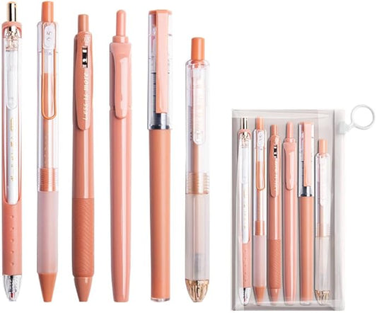 6 Count Pastel Gel Ink Pen Set,Cute Note Taking 0.5mm Fine Point Retractable 5 Count Black Ink Pens with 1 Count Highlighter for Writing, Journaling, School, Office (Caramel Brown)