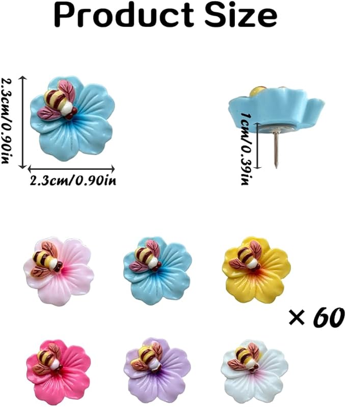 Cute bee Flower thumbtack Bulletin Board thumbtack, Soft Wooden Board thumbtack, Suitable for Classroom and Office Bulletin Board, Photo Wall Decoration thumbtack (60 Pcs)