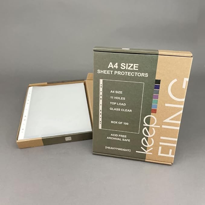 A4 Sheet Protectors, Top Load, Heavyweight, Pre-Punched 11 Holes, Glass Clear, Acid Free, 100 per Box